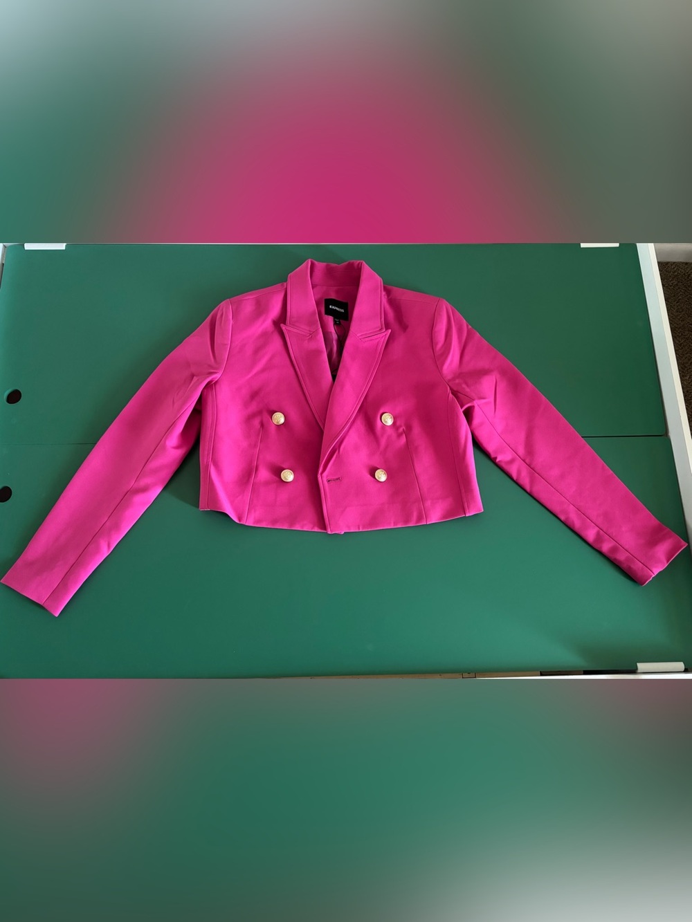 Express Size XS Women Cropped Double-Breasted Blazer Fuchsia with Gold Buttons